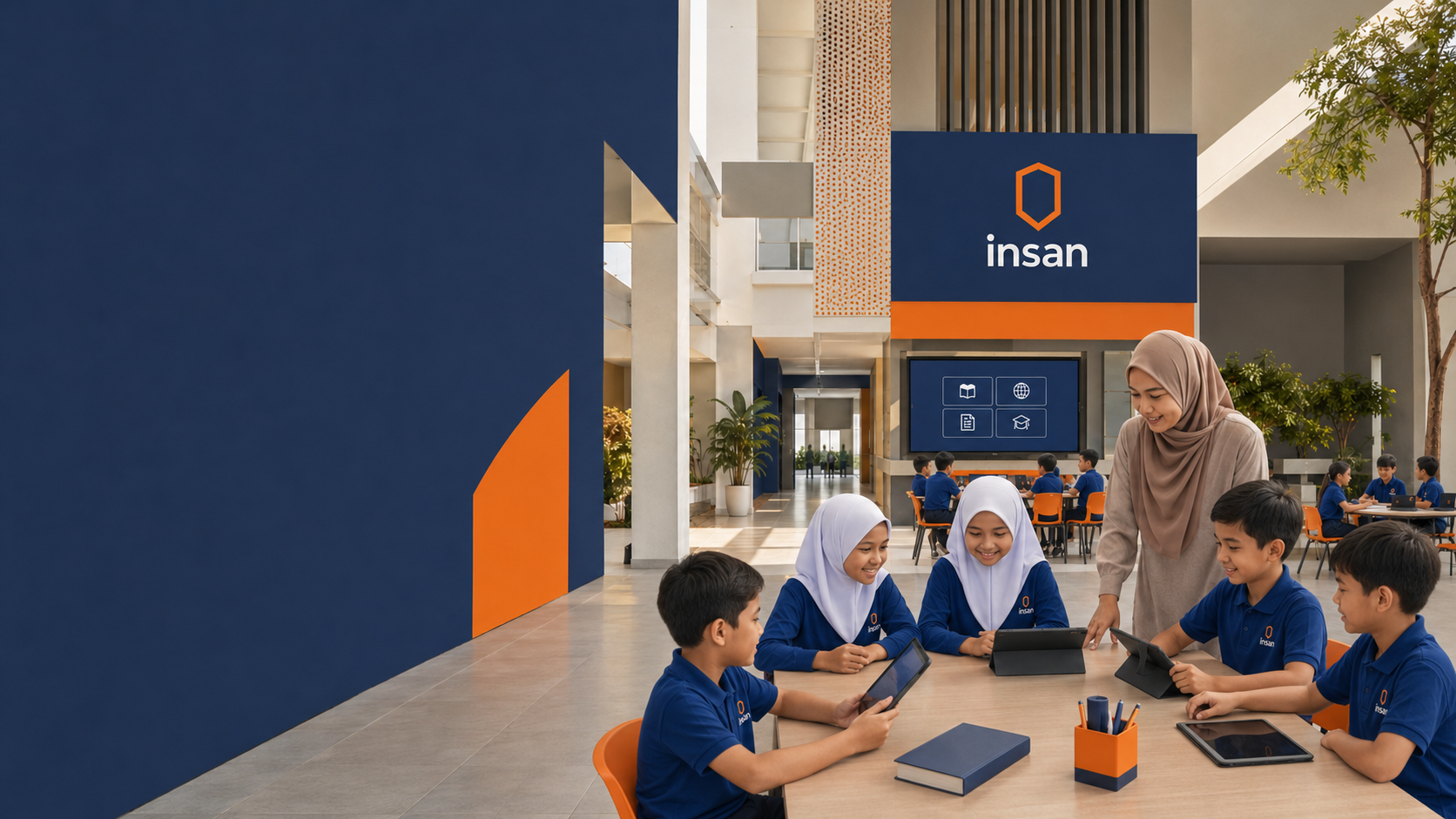 Murid SRII Insan dalam uniform polo biru di sekolah moden