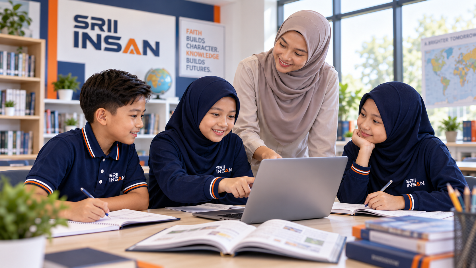 Murid SRII Insan berbincang dan menyelesaikan tugasan pembelajaran bersama di dalam kelas