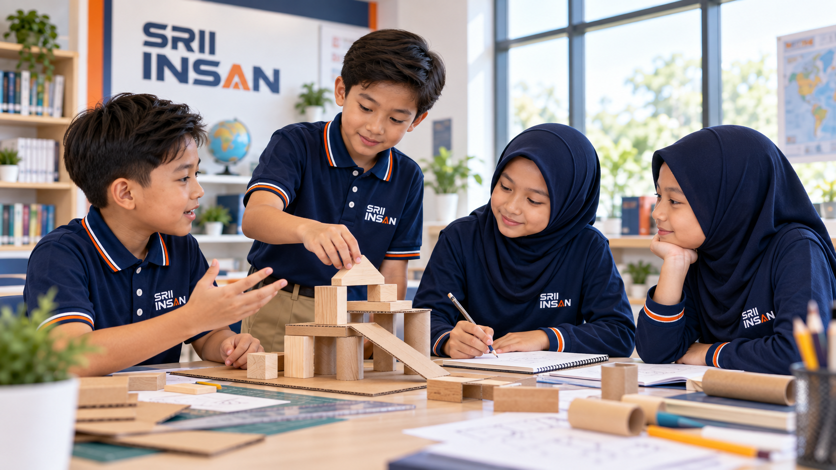 Murid SRII Insan bekerjasama membina model menggunakan bahan pembelajaran
