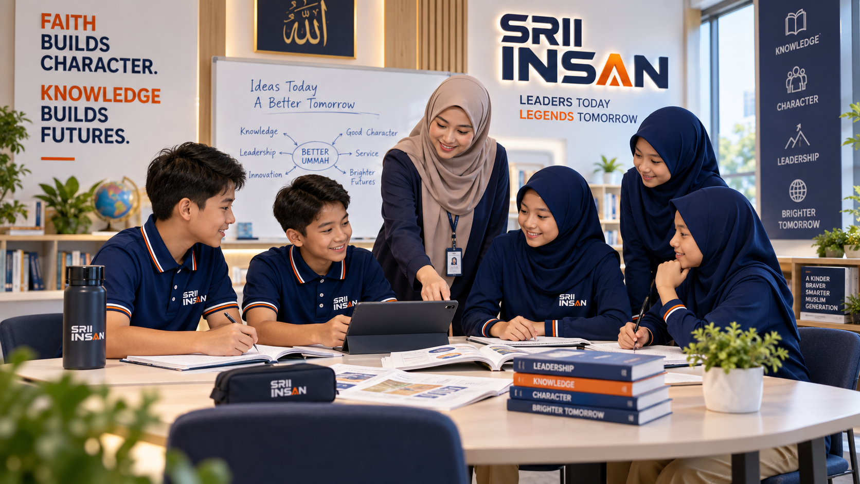Guru dan murid SRII Insan menggunakan laptop bersama buku dan nota untuk pembelajaran