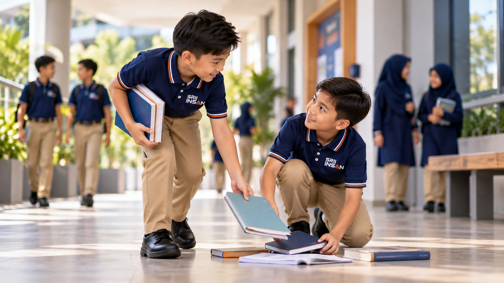 Murid SRII Insan membantu rakannya mengutip buku yang terjatuh di koridor sekolah