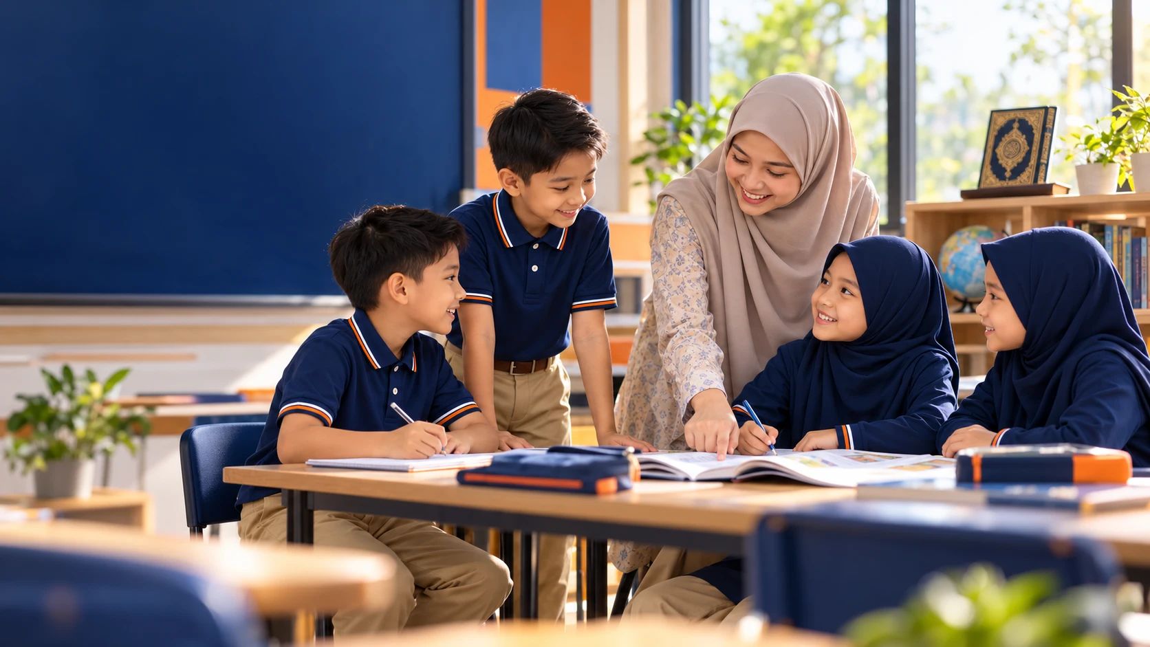 Visual konsep guru membimbing anak dalam uniform rasmi SRII Insan