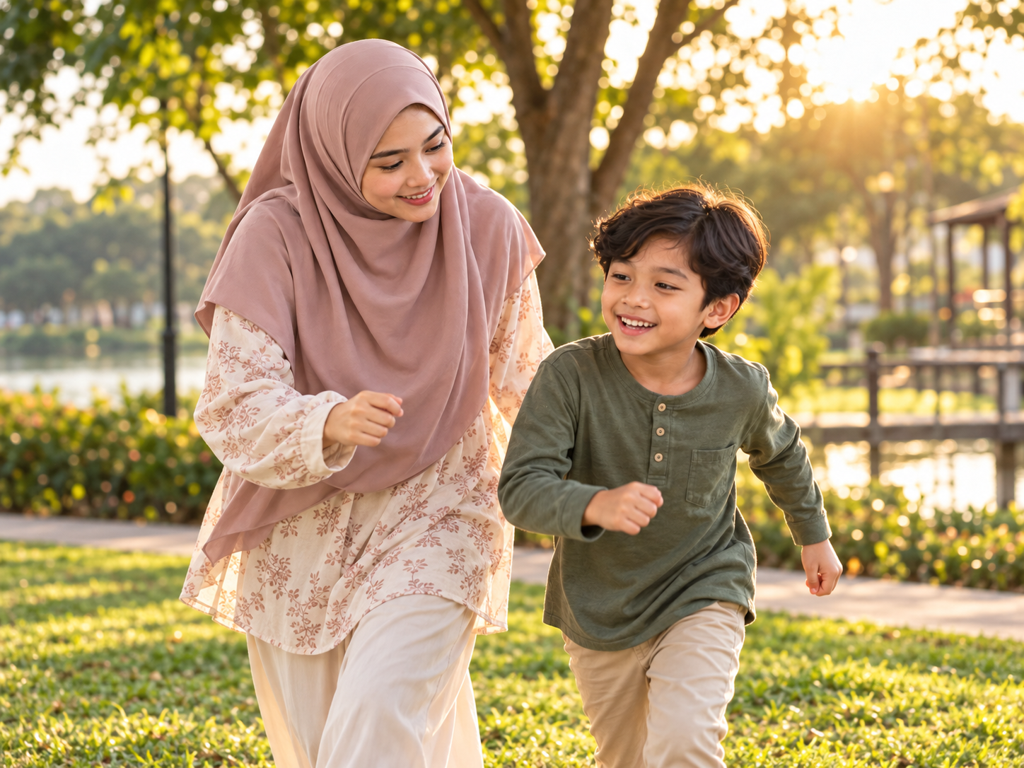 Ibu Muslimah berhijab labuh dan anak lelaki bermain aktif di taman tanpa peranti digital