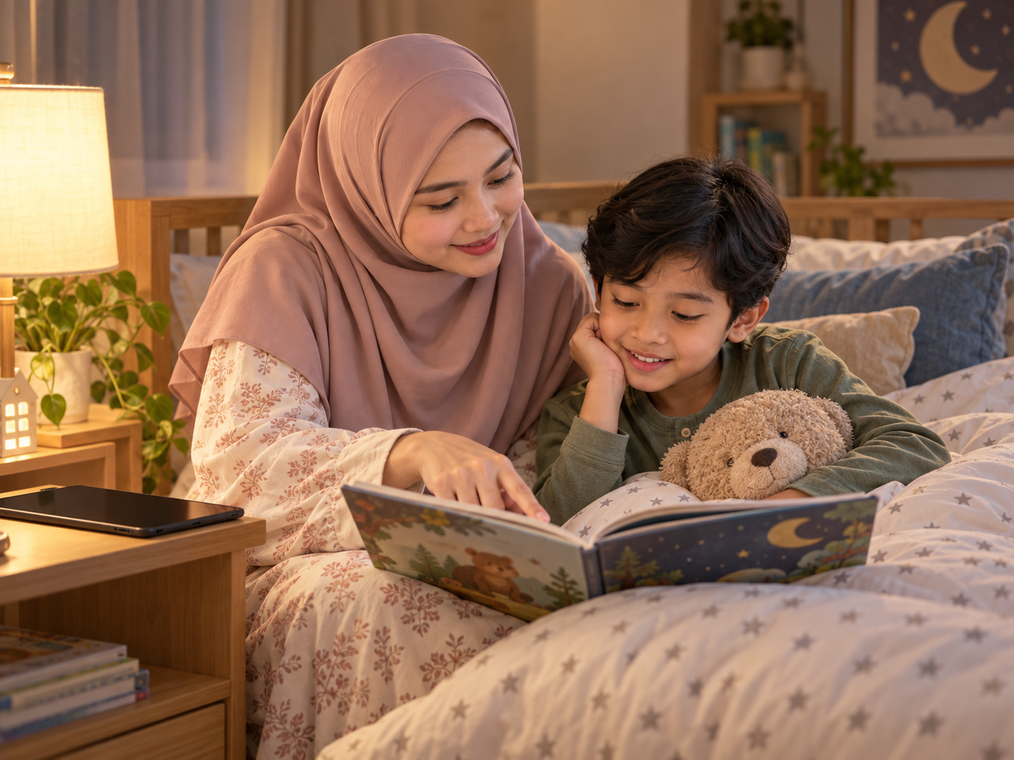 Ibu Muslimah berhijab labuh membaca buku bersama anak lelaki sebelum tidur sementara peranti diketepikan