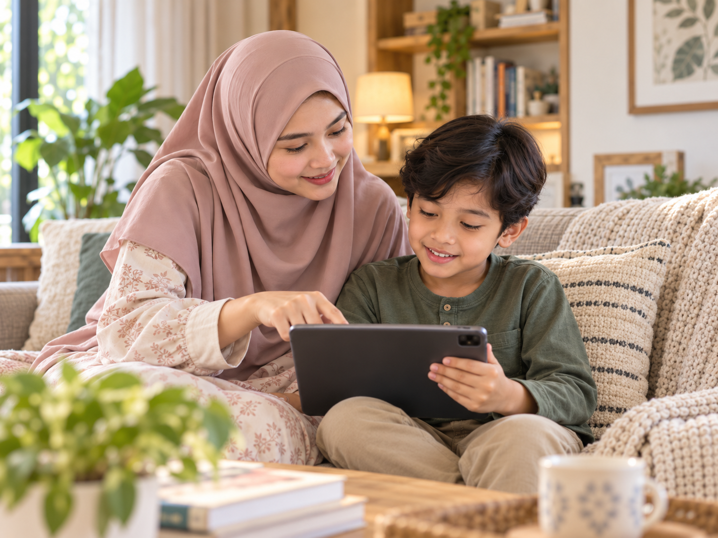 Ibu Muslimah berhijab labuh menemani anak lelaki menggunakan tablet sambil berbual