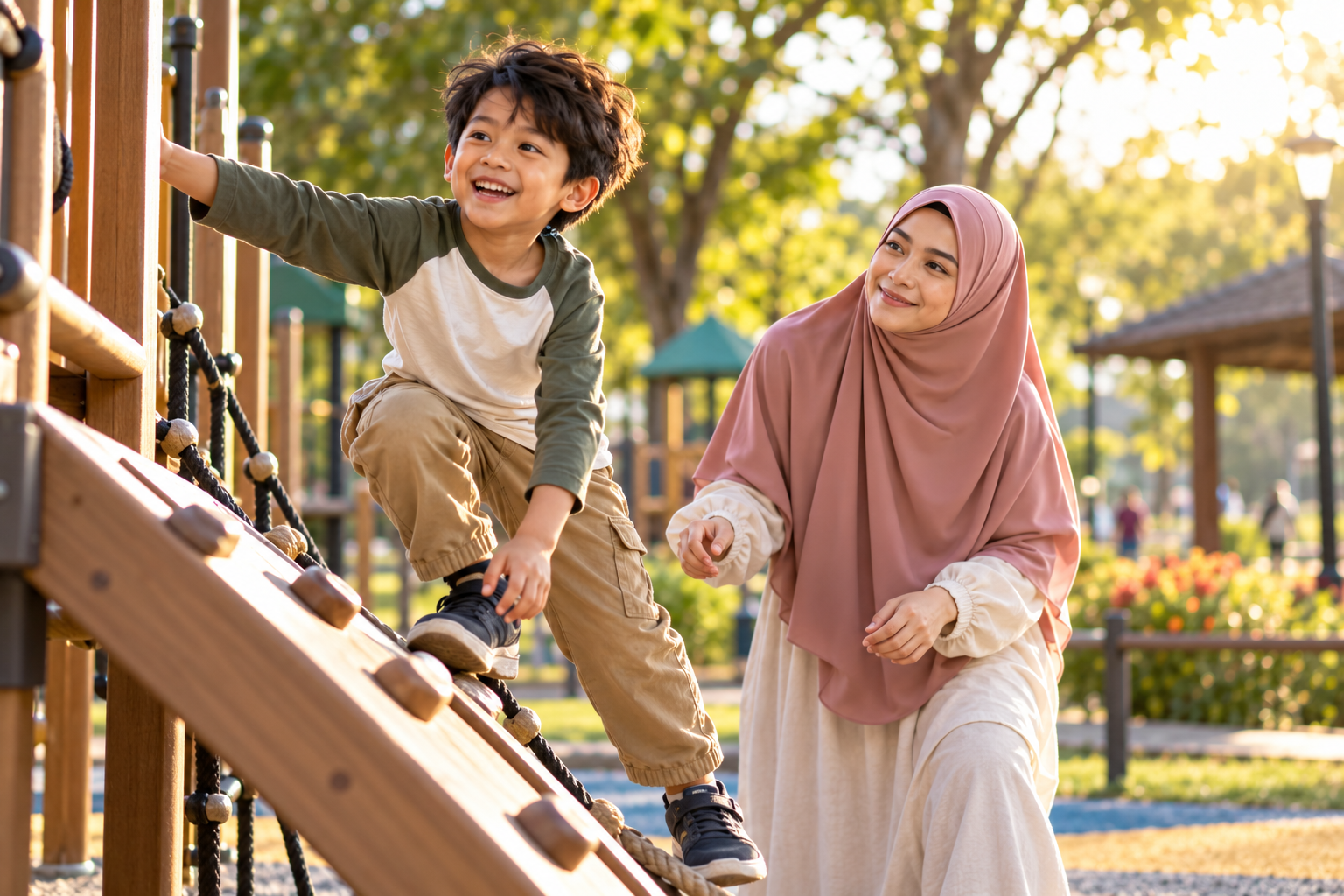 Ibu Muslimah berhijab labuh memerhati anak lelaki bermain aktif di taman permainan
