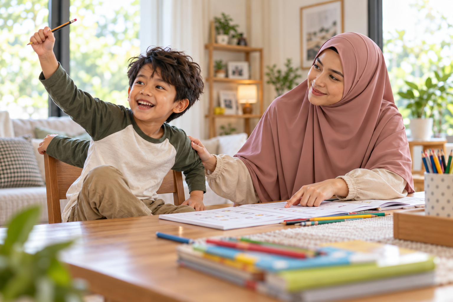 Ibu Muslimah berhijab labuh menemani anak lelaki ketika membuat aktiviti pembelajaran di rumah