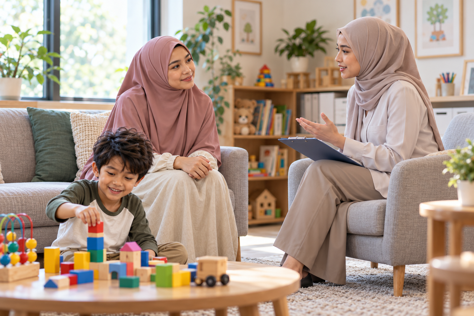 Ibu Muslimah berhijab labuh berbincang dengan profesional wanita berhijab sambil anak bermain berhampiran