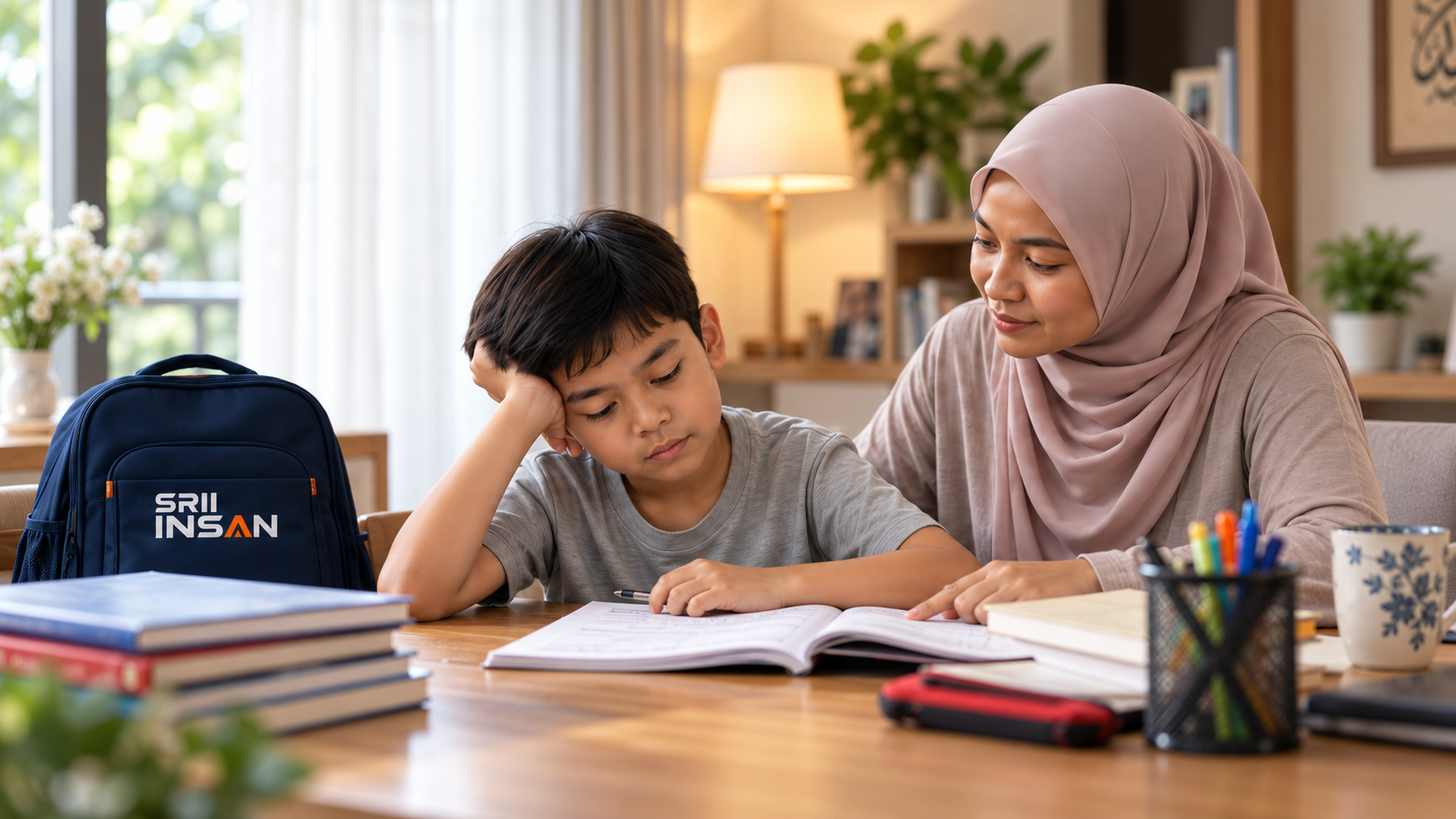 Anak yang kelihatan penat menyiapkan kerja sekolah di rumah bersama ibunya