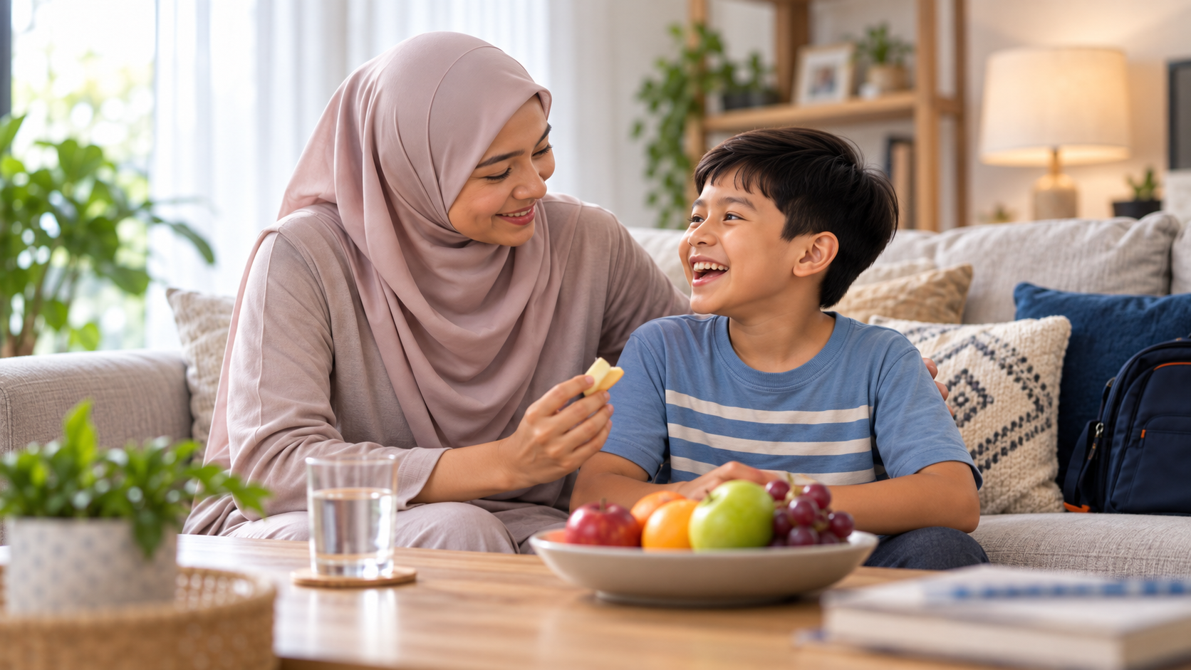 Ibu dan anak berbual santai di rumah selepas waktu sekolah